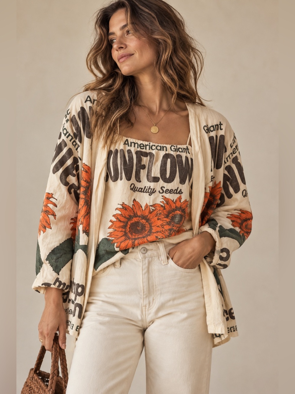 Vintage Sack Sunflower 2 Piece Tank & Open Cardigan Set Boho Farmers Market